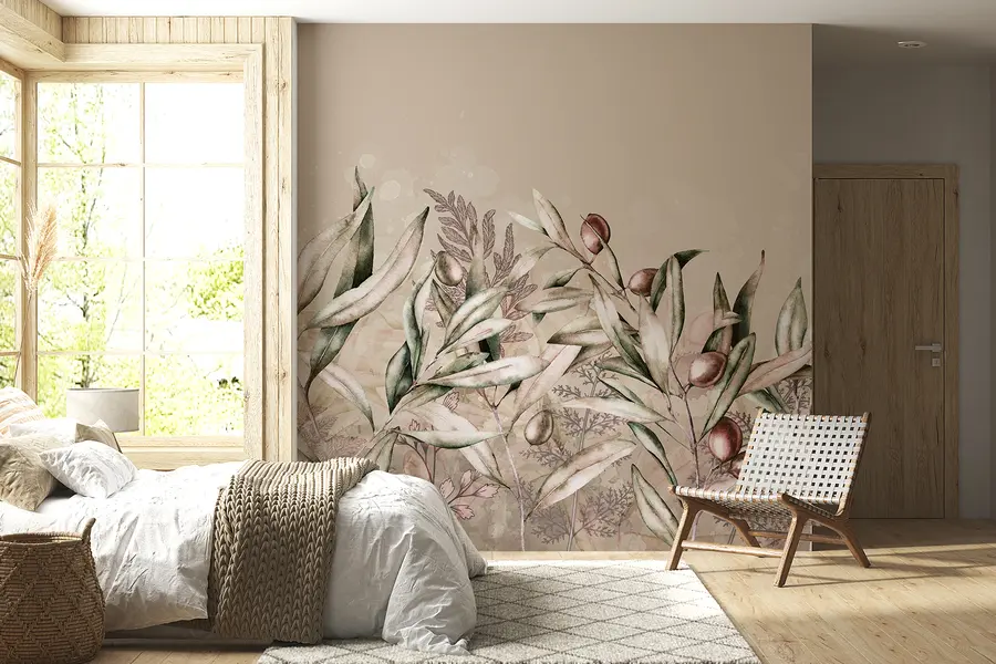 wall murals Olives illustration, floral design, tropical, watercolor, big leaves, beige colors w00407v1