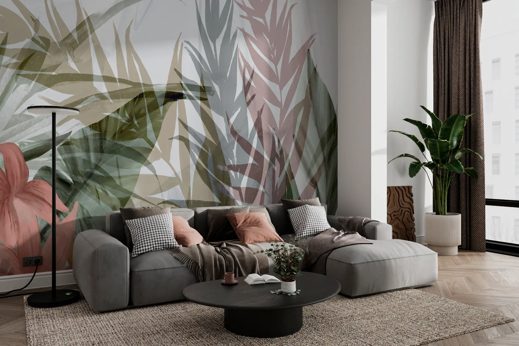 wall murals Delicate tropical leaves and flowers on a white background w00423