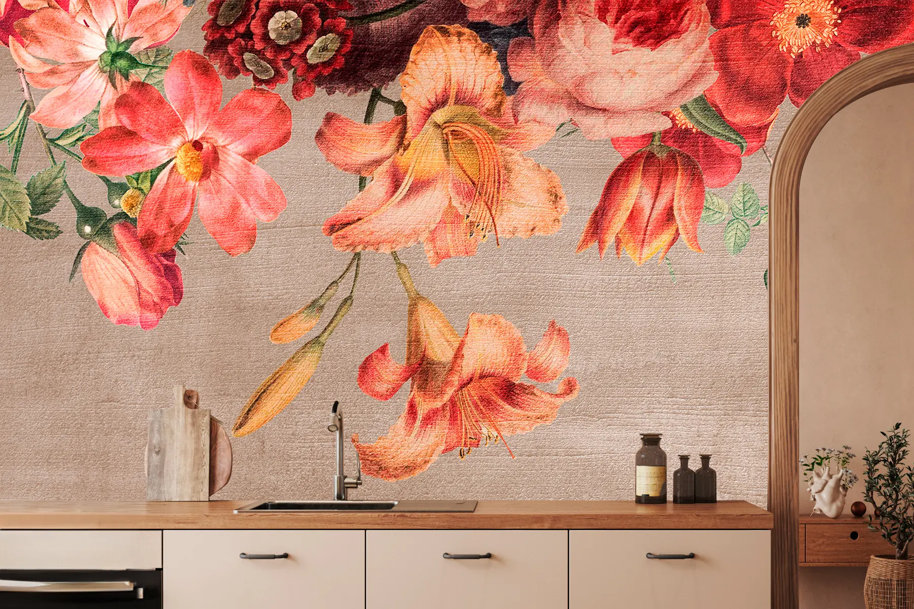 wall murals Botanical illustration bouquet of flowers still life on brown background  w00427