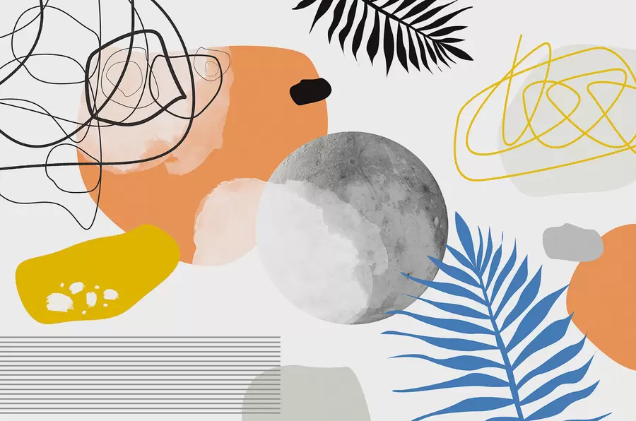 wall murals Abstract modern, minimalism, boho, geometry, watercolor spots, full moon, palm leaf silhouette, topography, intricacy, orange, yellow, gray w00508