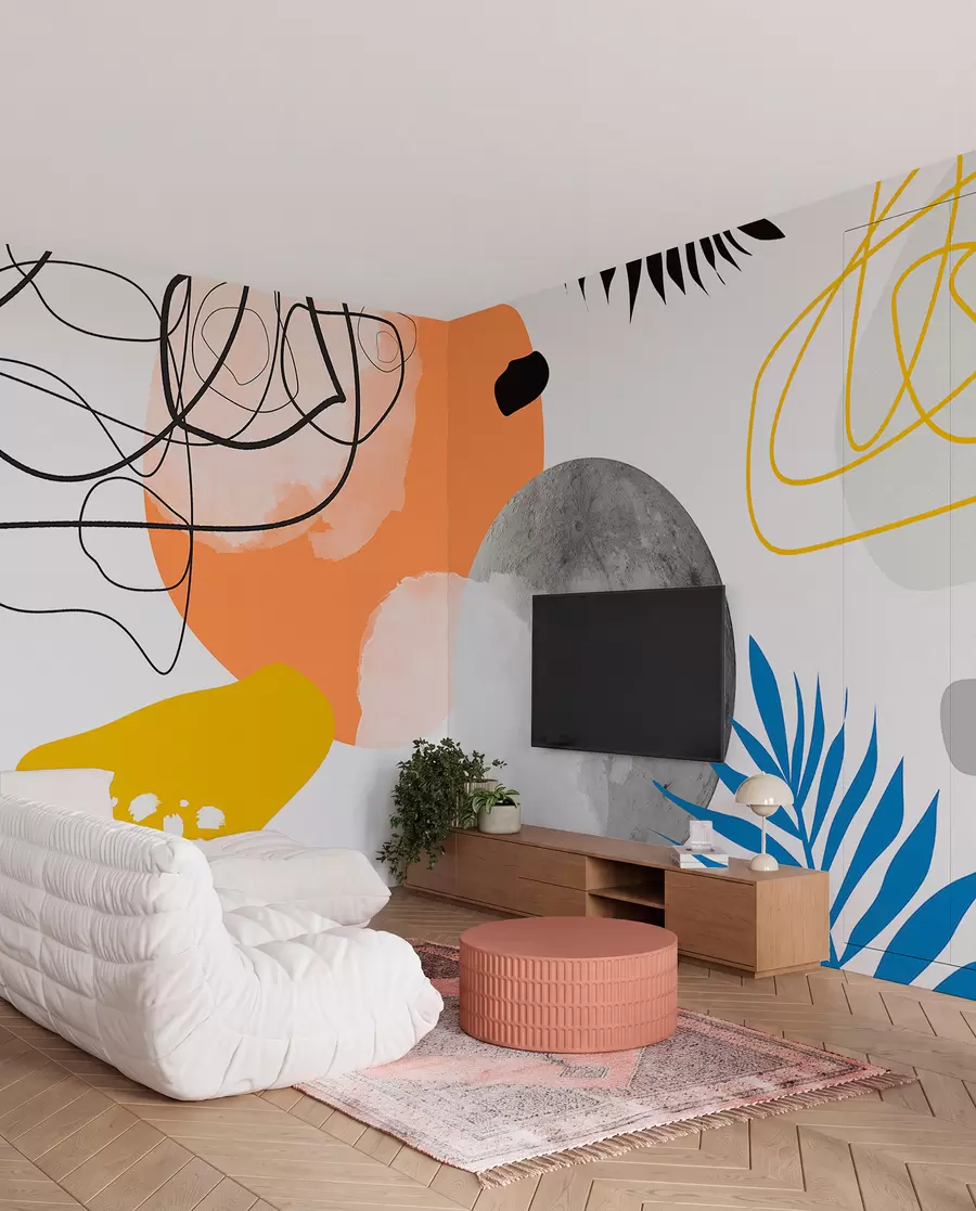 wall murals Abstract modern, minimalism, boho, geometry, watercolor spots, full moon, palm leaf silhouette, topography, intricacy, orange, yellow, gray w00508
