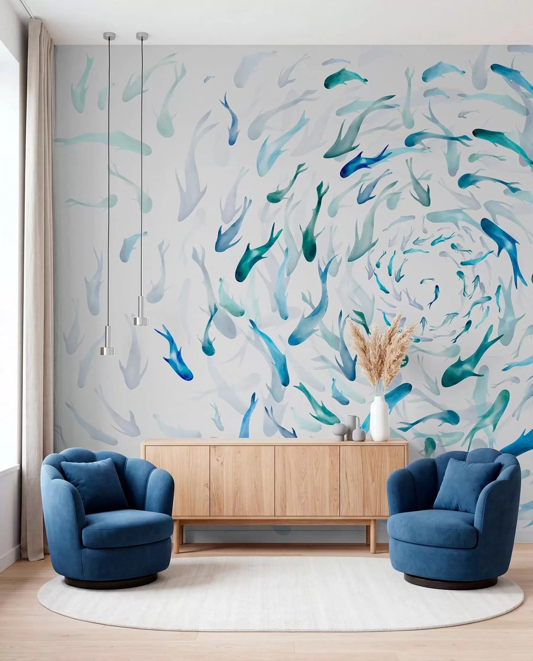 wall murals Fish swirling in a whirlpool, fish dance, watercolor, shark, abstract composition, minimalism, blue, green color w00510