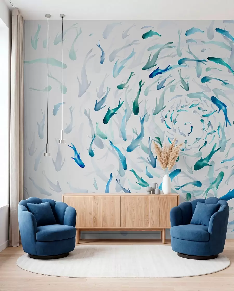 wall murals Fish swirling in a whirlpool, fish dance, watercolor, shark, abstract composition, minimalism, blue, green color w00510