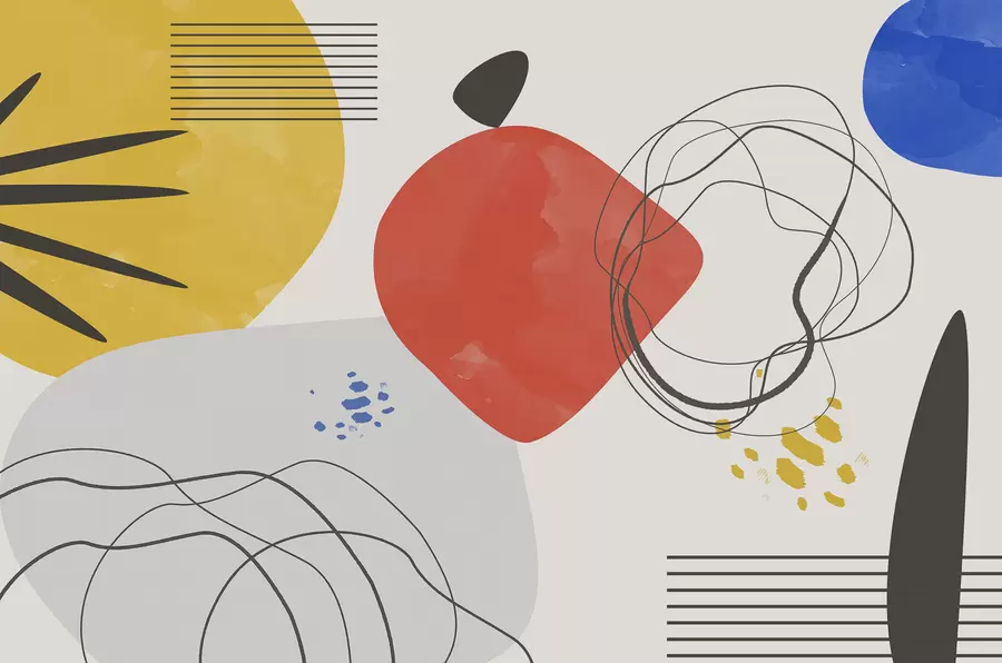 wall murals Abstraction modern, bright spot, boho, geometry, topography, curves, lines, red, yellow, blue, black w00514