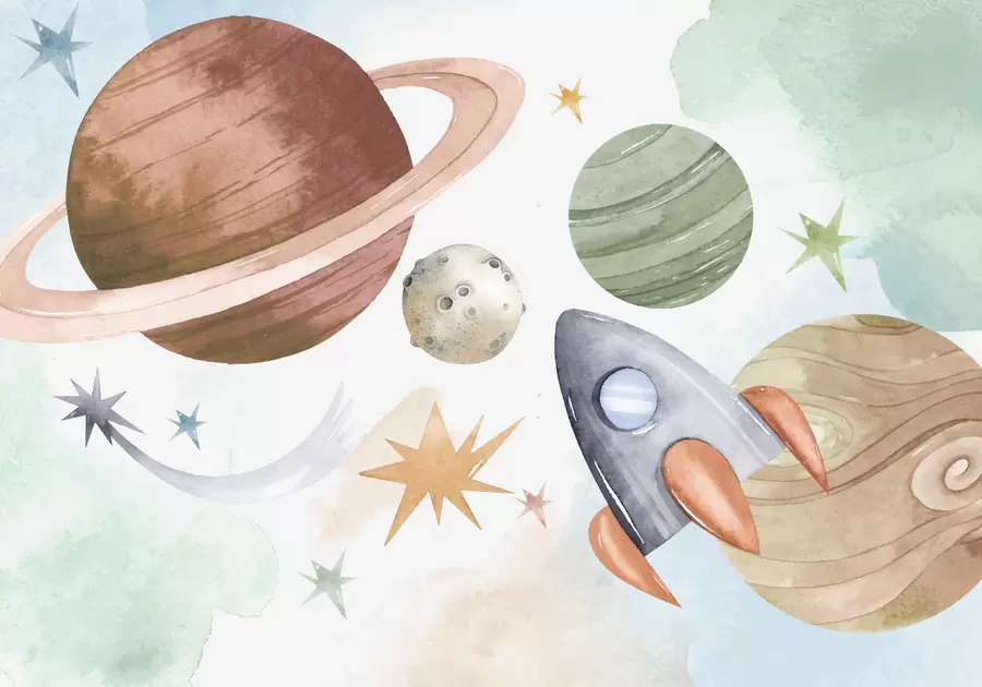 wall murals A colorful illustration depicting various planets and space watercolor w00539