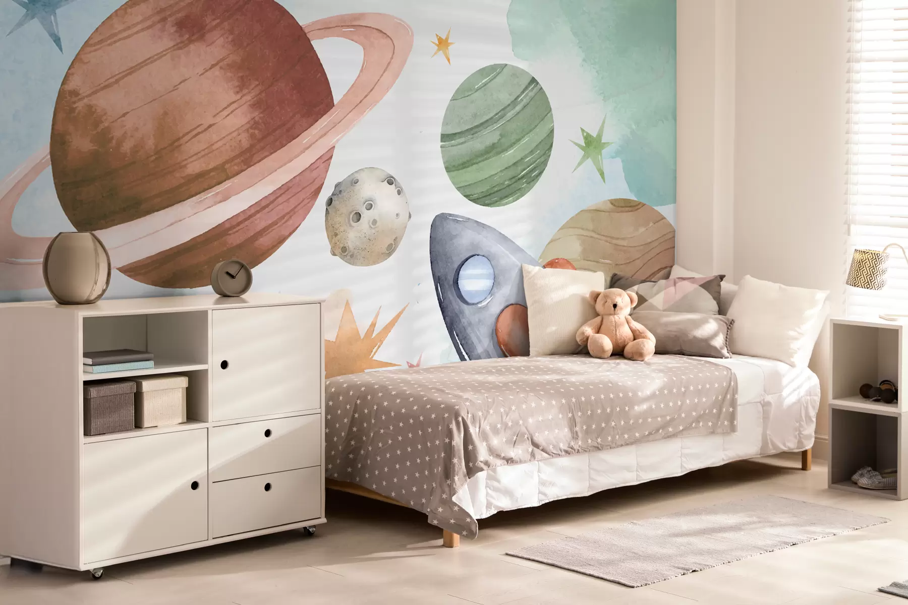 wall murals A colorful illustration depicting various planets and space watercolor w00539