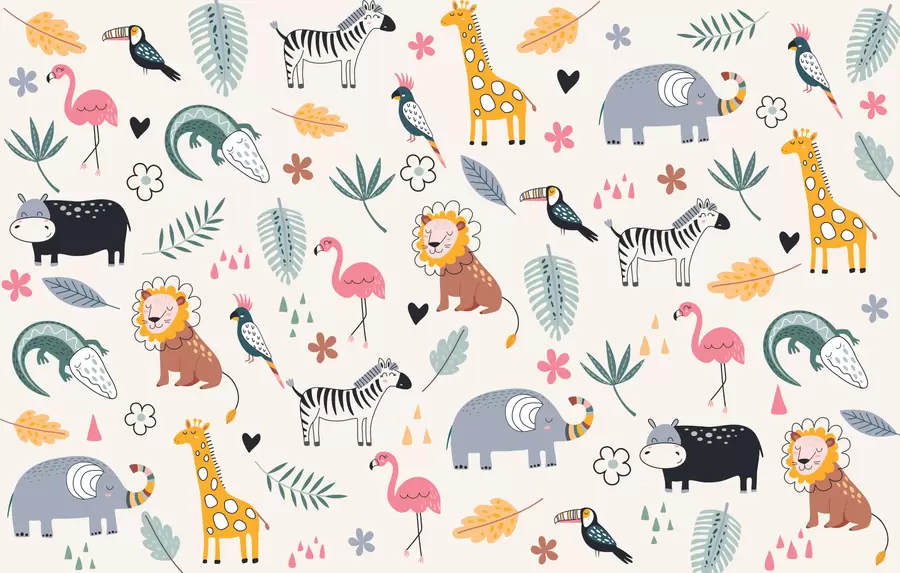 wall murals animals, lions, giraffes, elephants, leaves, baby room w00555