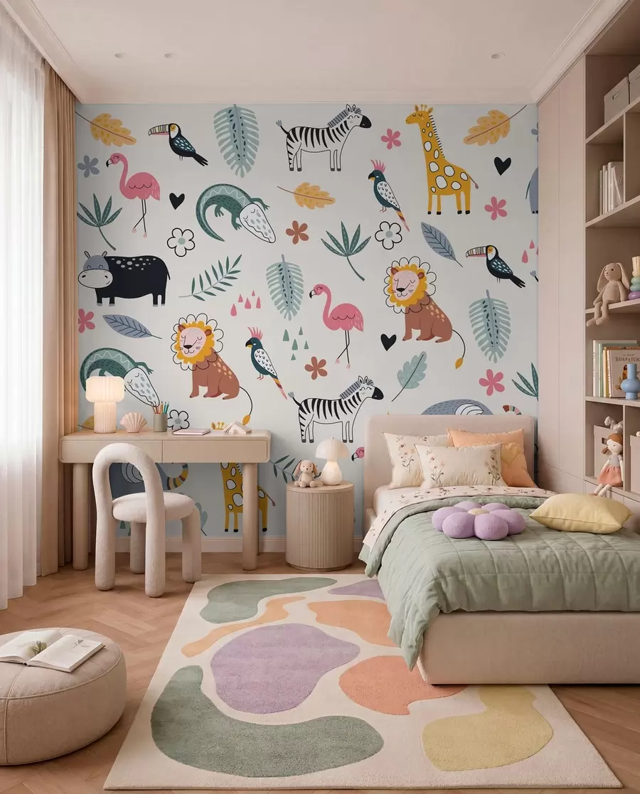 wall murals animals, lions, giraffes, elephants, leaves, baby room w00555