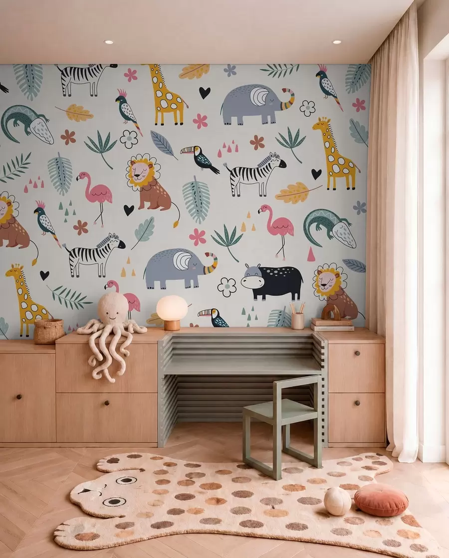 wall murals animals, lions, giraffes, elephants, leaves, baby room w00555
