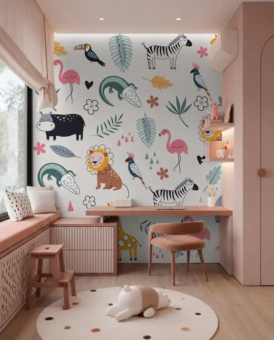 wall murals animals, lions, giraffes, elephants, leaves, baby room w00555