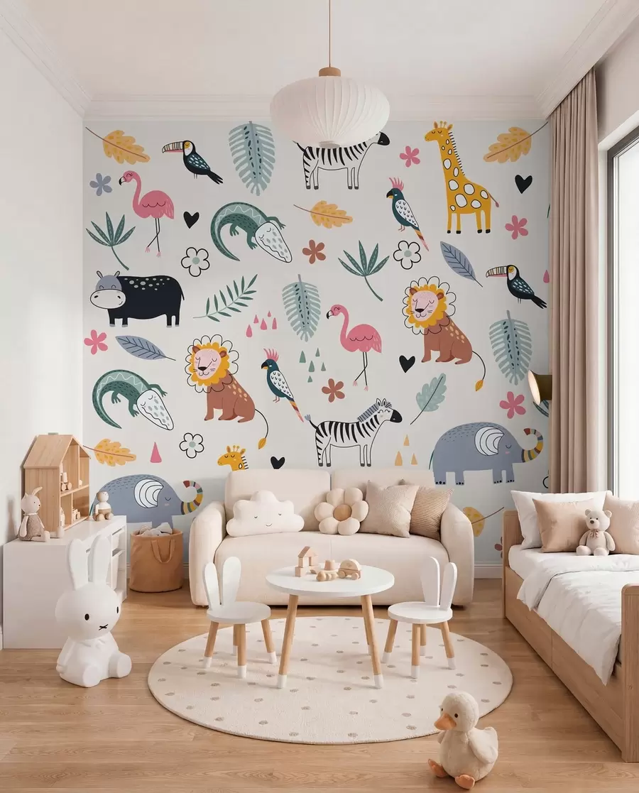 wall murals animals, lions, giraffes, elephants, leaves, baby room w00555