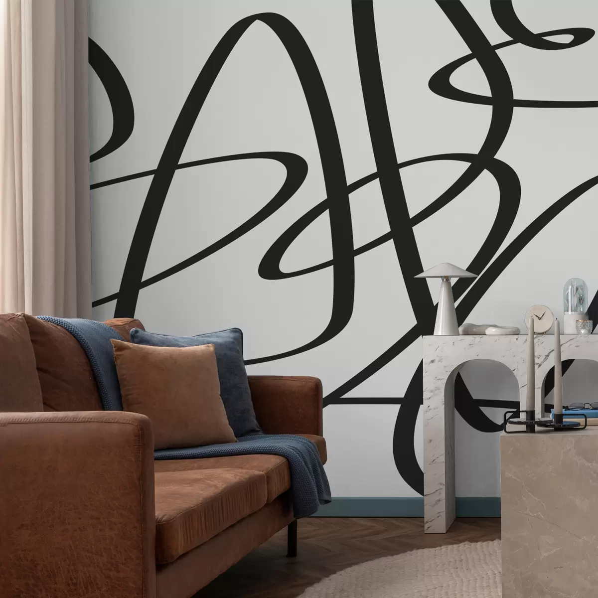 wall murals Black curve continuous twisted line, ink, abstract w00583