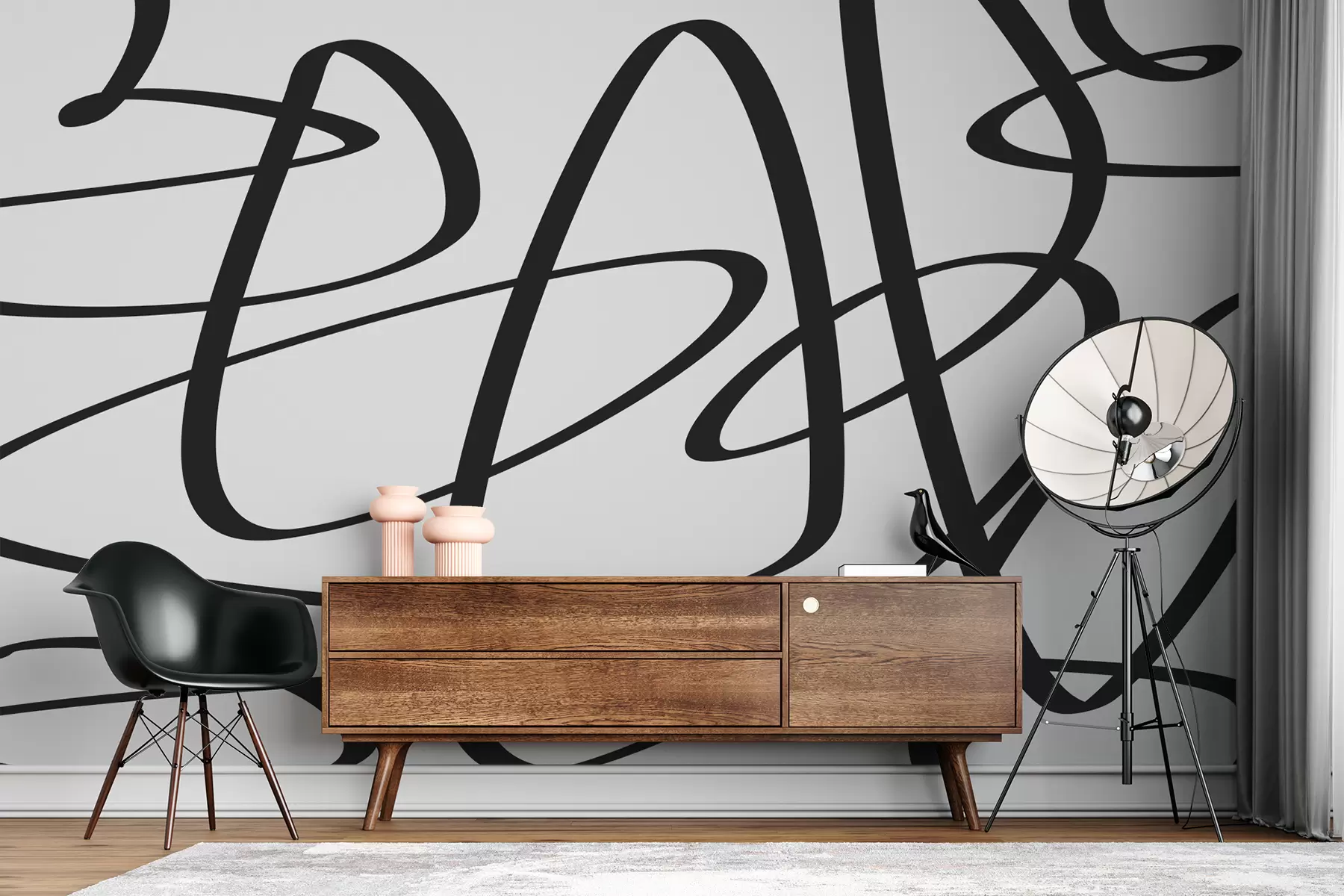 wall murals Black curve continuous twisted line, ink, abstract w00583