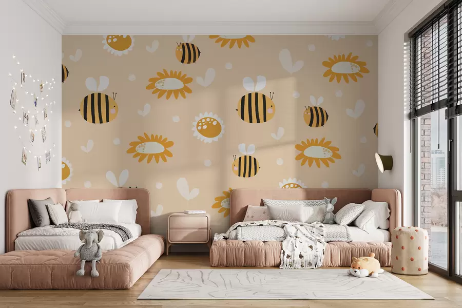 wall murals A bee flies around flowers, yellow, white color, childish, simple shapes w00622