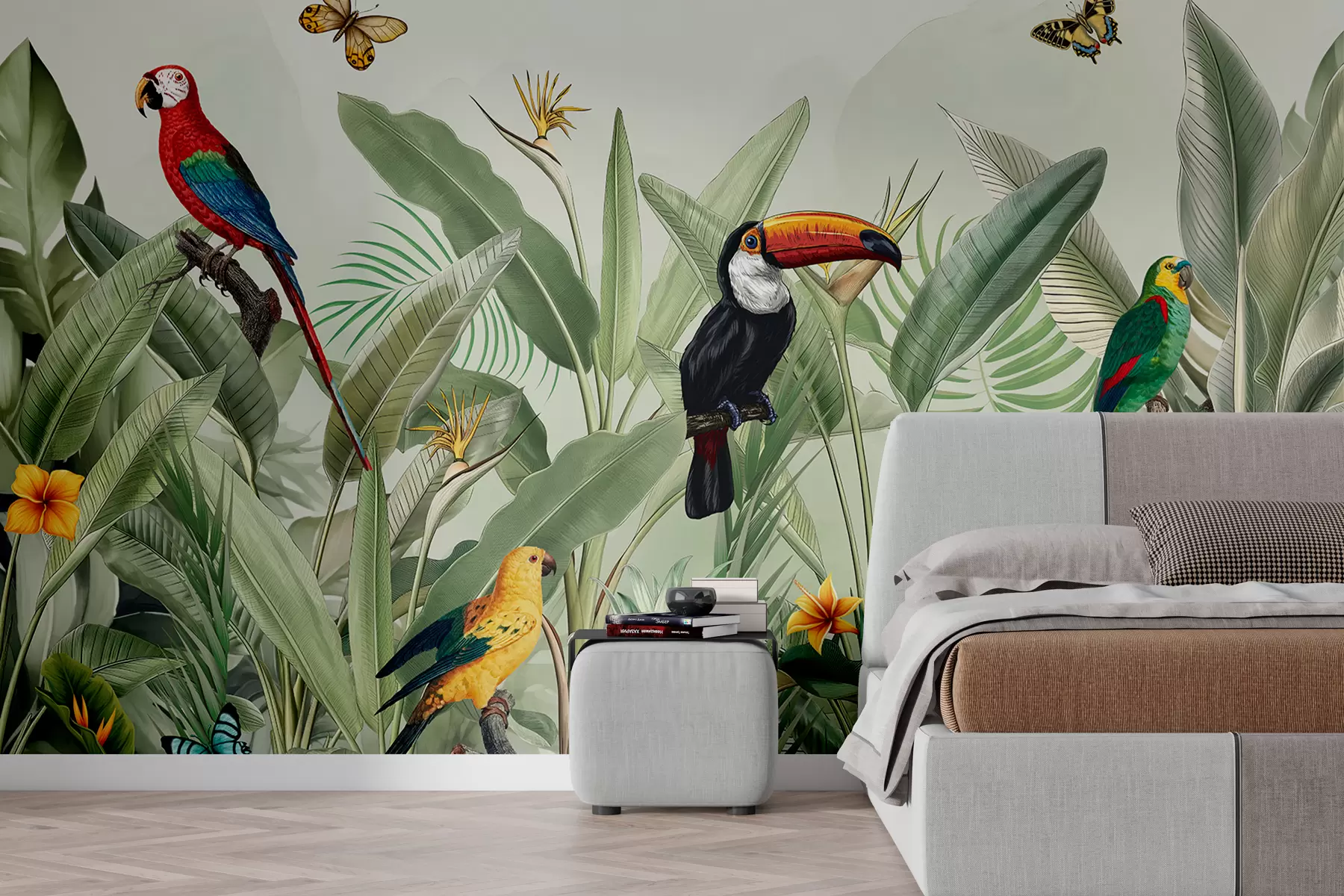 wall murals Exotic birds on grey stropium leaves w00635