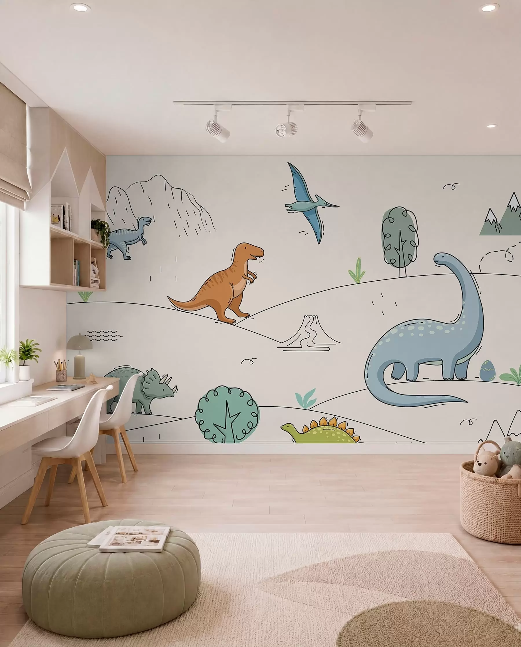 wall murals Colourful dinosaurs on the hills w00637