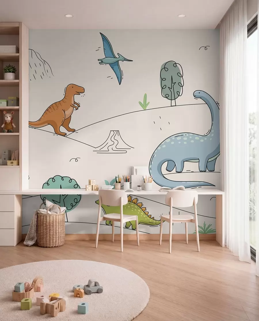 wall murals Colourful dinosaurs on the hills w00637