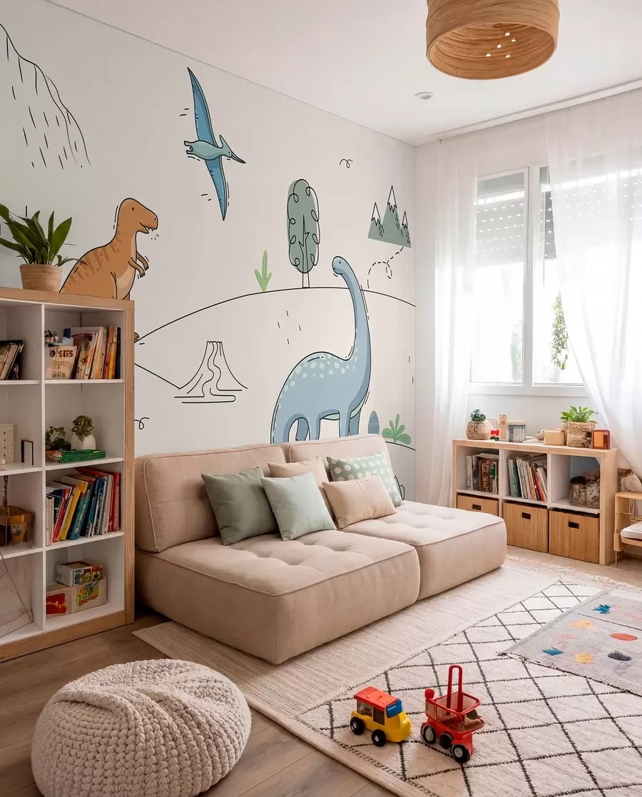 wall murals Colourful dinosaurs on the hills w00637