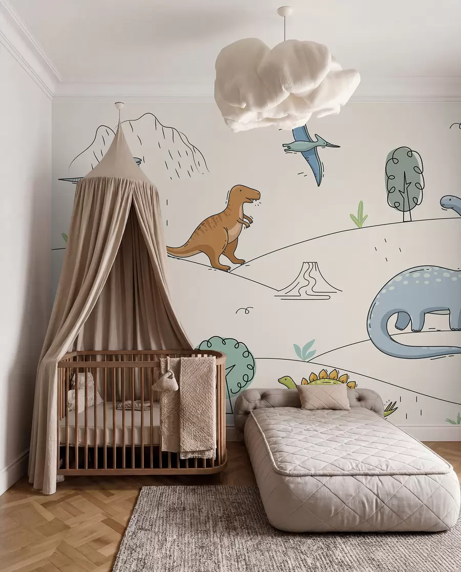 wall murals Colourful dinosaurs on the hills w00637