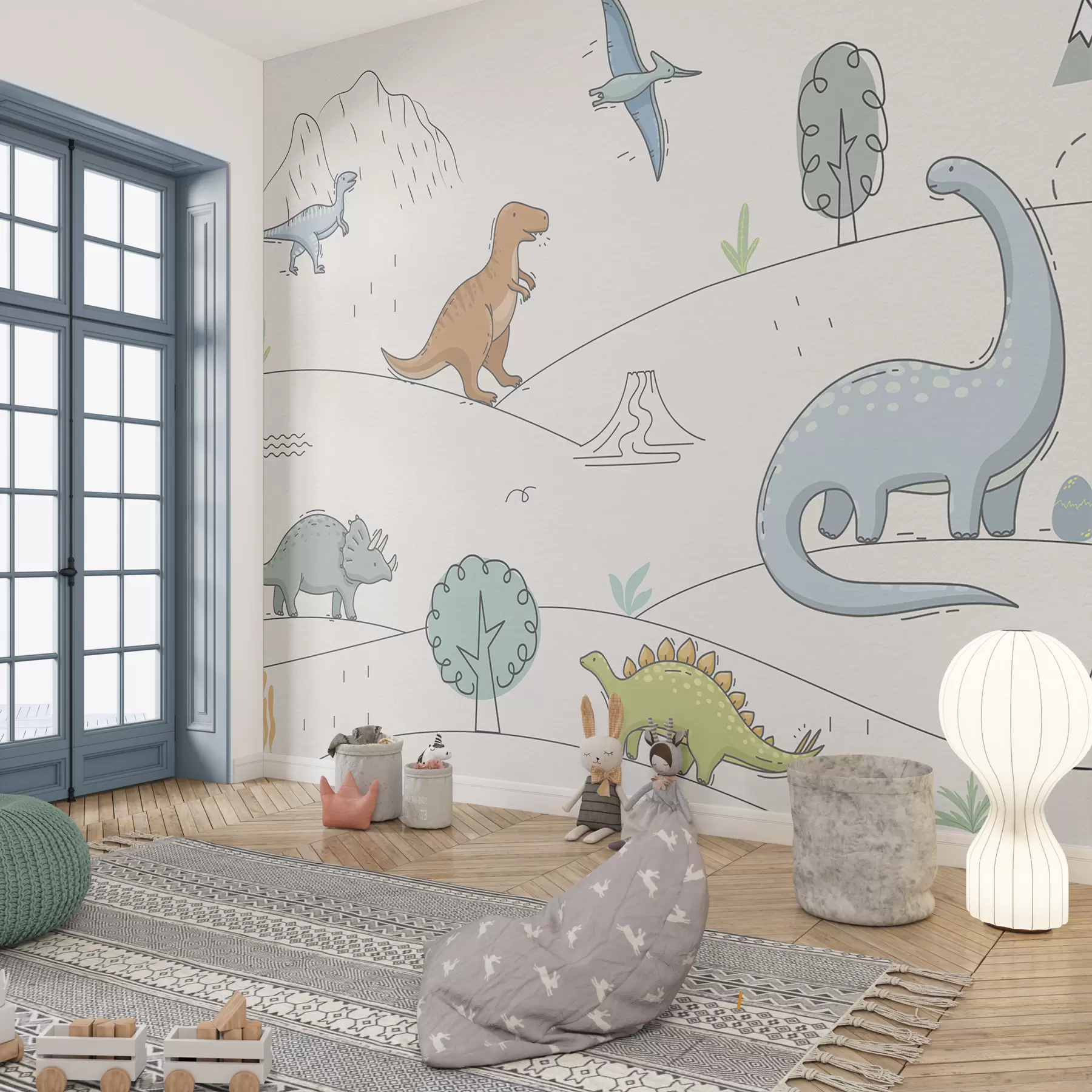 wall murals Colourful dinosaurs on the hills w00637