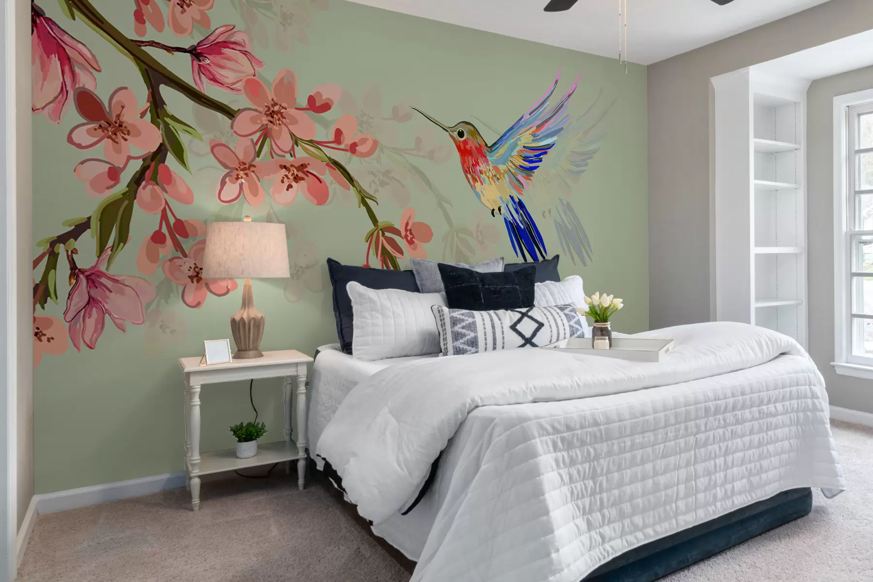 wall murals a branch with pink flowers and a bright bird w00693