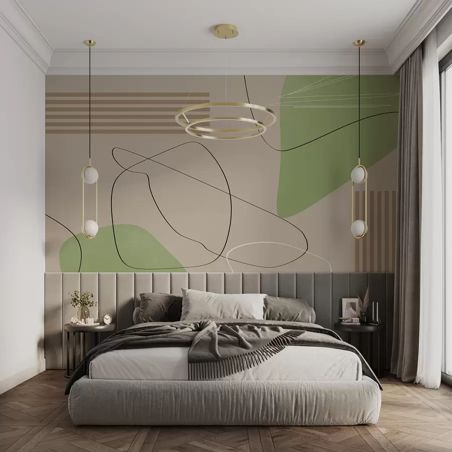 wall murals Boho abstraction, spots, lines, stripes, textured, geometric, minimalistic, beige and green w00724v1