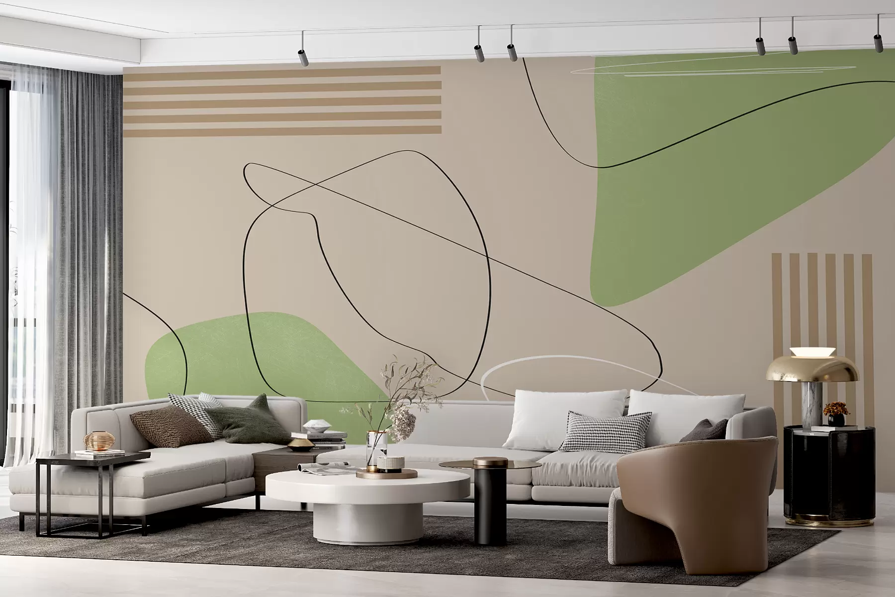 wall murals Boho abstraction, spots, lines, stripes, textured, geometric, minimalistic, beige and green w00724v1