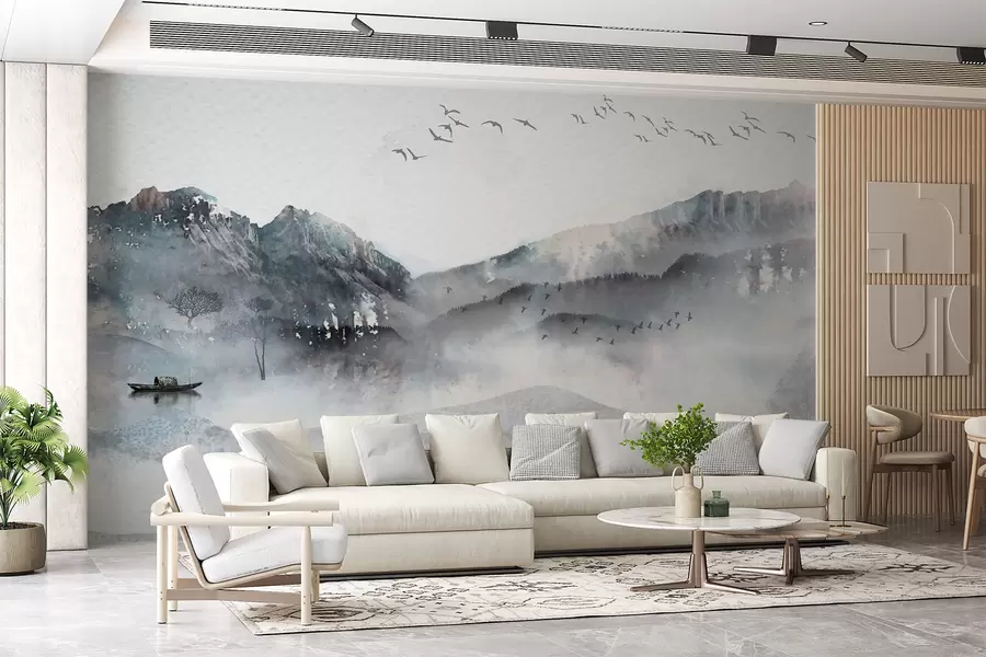 wall murals Landscape with mountains in the background, with a few trees visible in the foreground serene  w00707