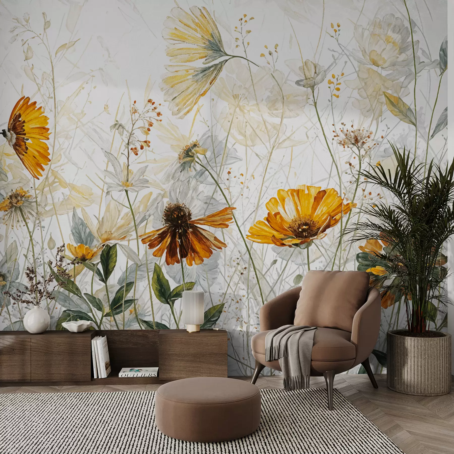 wall murals A field of vibrant flowers against a soft, hazy background with delicate white flowers and wispy grass w00708