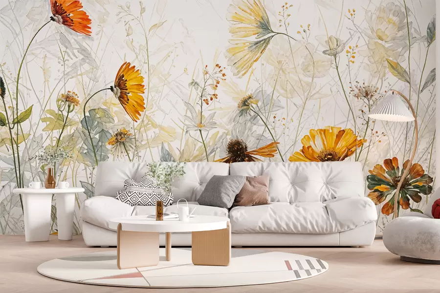 wall murals A field of vibrant flowers against a soft, hazy background with delicate white flowers and wispy grass w00708