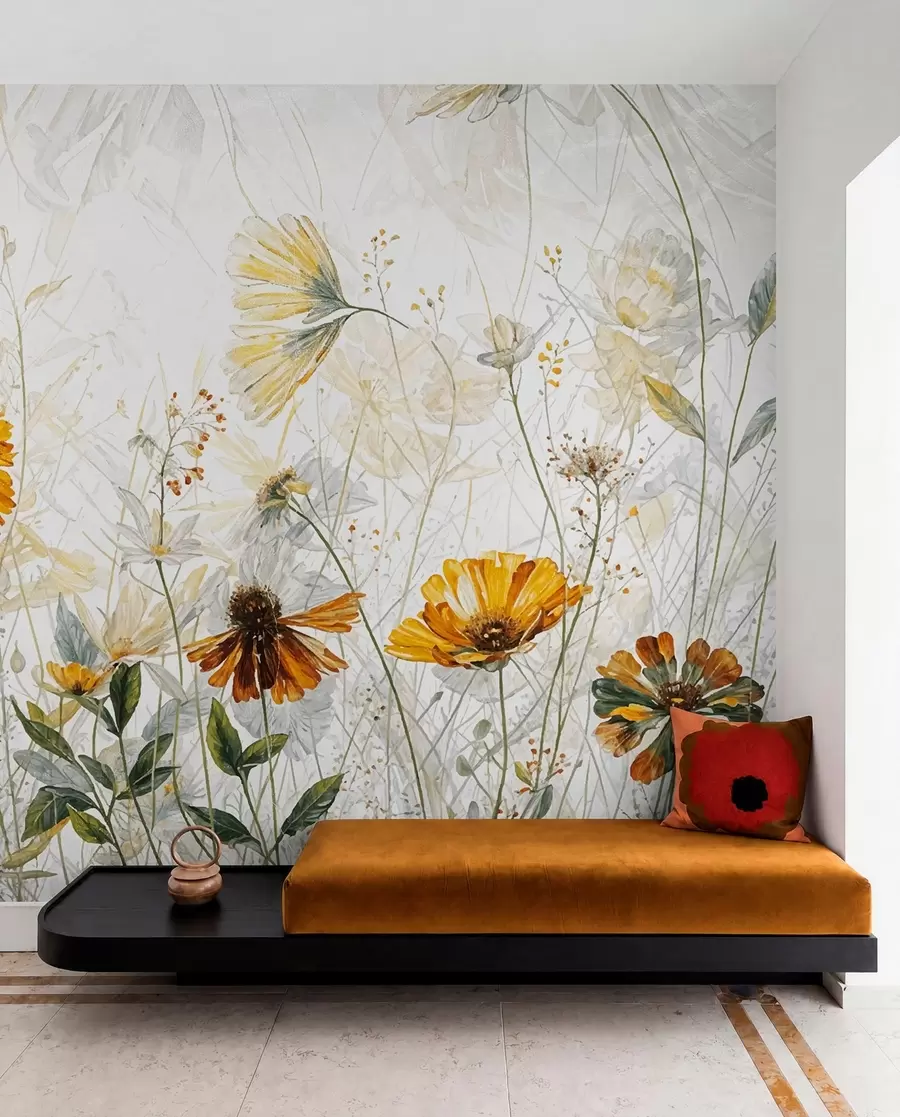 wall murals A field of vibrant flowers against a soft, hazy background with delicate white flowers and wispy grass w00708