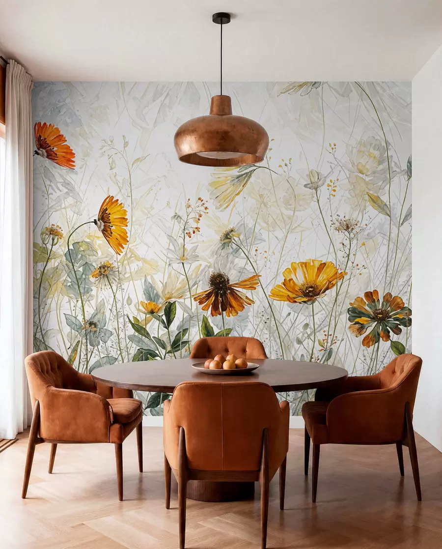 wall murals A field of vibrant flowers against a soft, hazy background with delicate white flowers and wispy grass w00708