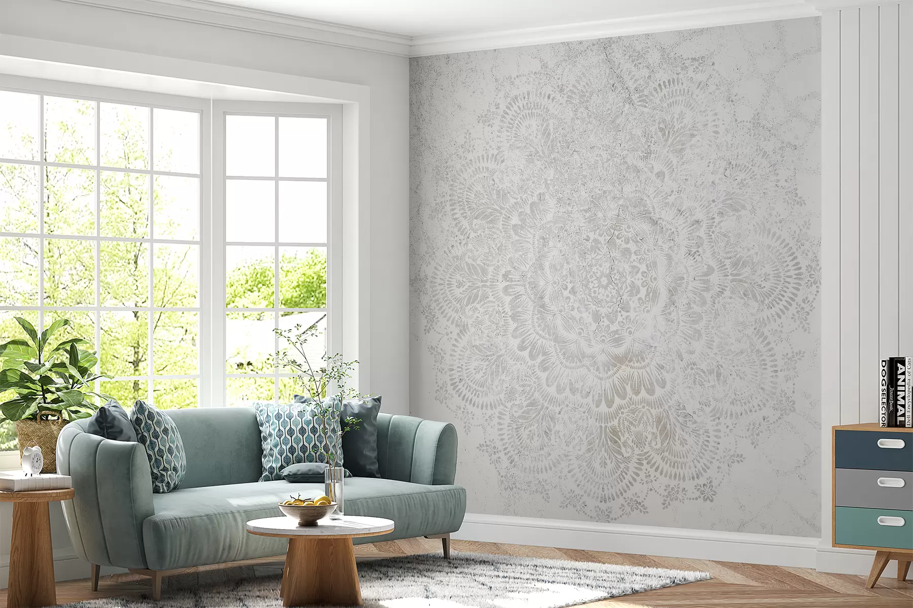 wall murals Mandala, white lace pattern with floral and circular motifs, creating a delicate and intricate design w00737
