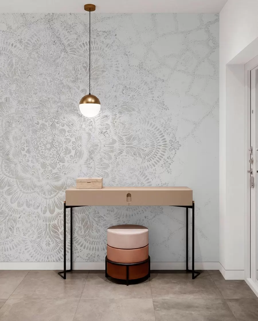 wall murals Mandala, white lace pattern with floral and circular motifs, creating a delicate and intricate design w00737