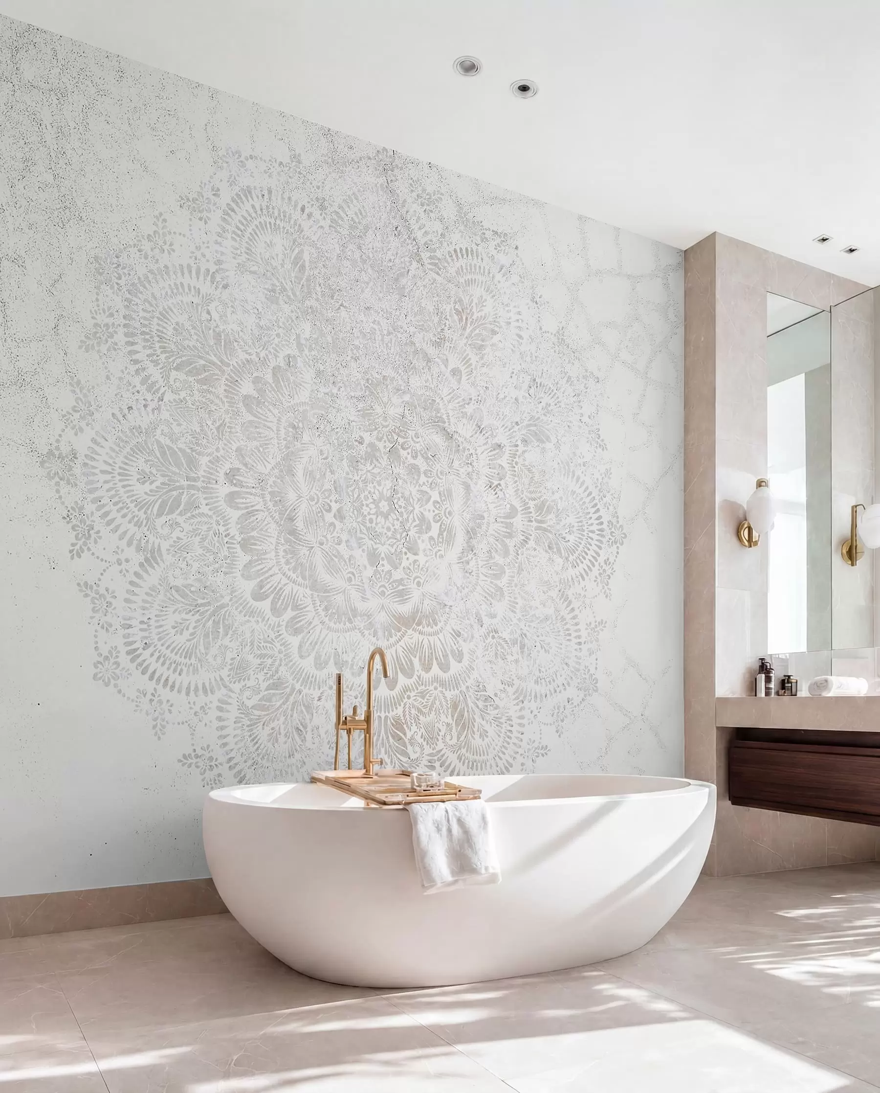 wall murals Mandala, white lace pattern with floral and circular motifs, creating a delicate and intricate design w00737