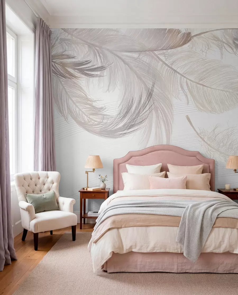 wall murals Soft, delicate white feathers floating on a light background w00739