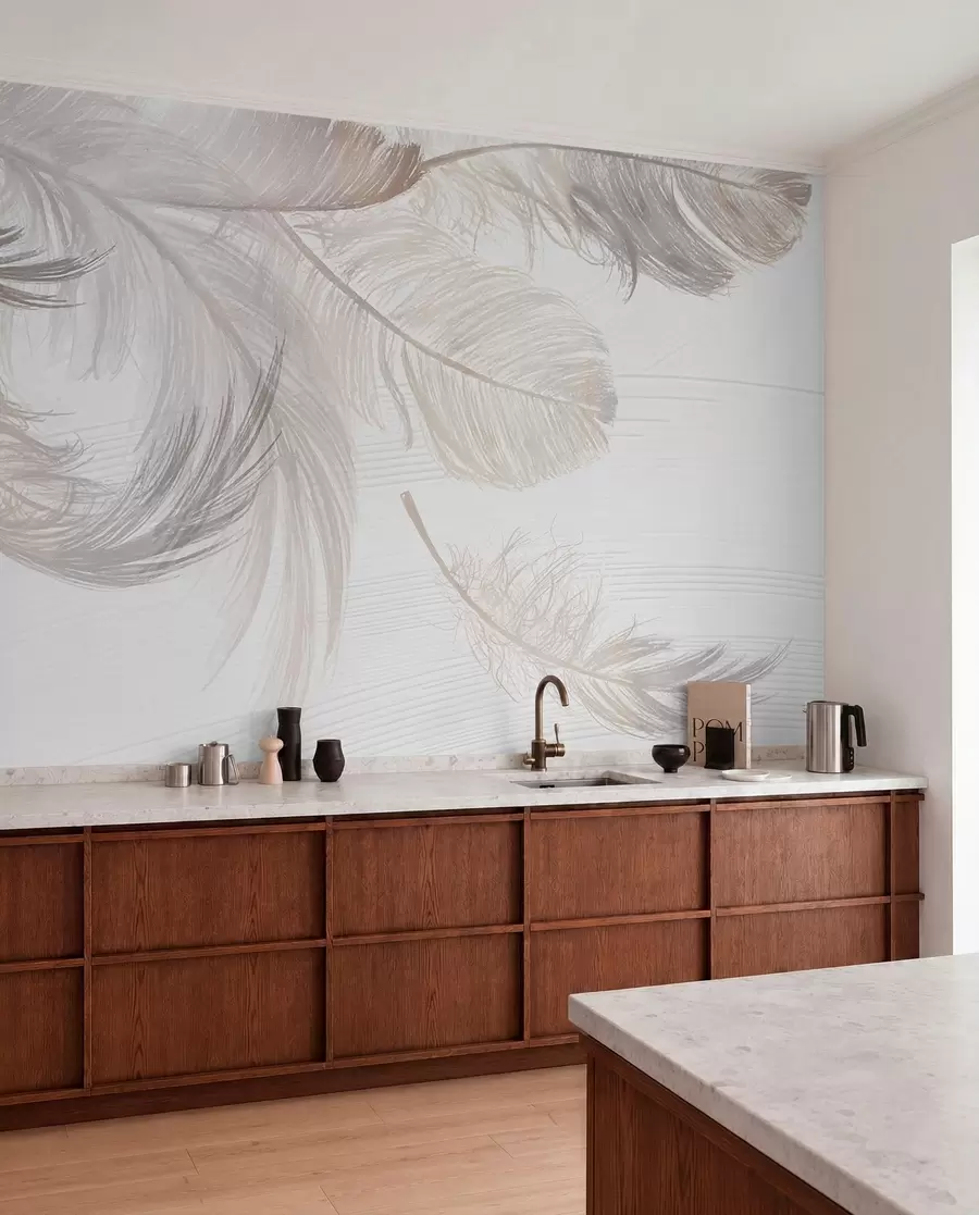wall murals Soft, delicate white feathers floating on a light background w00739