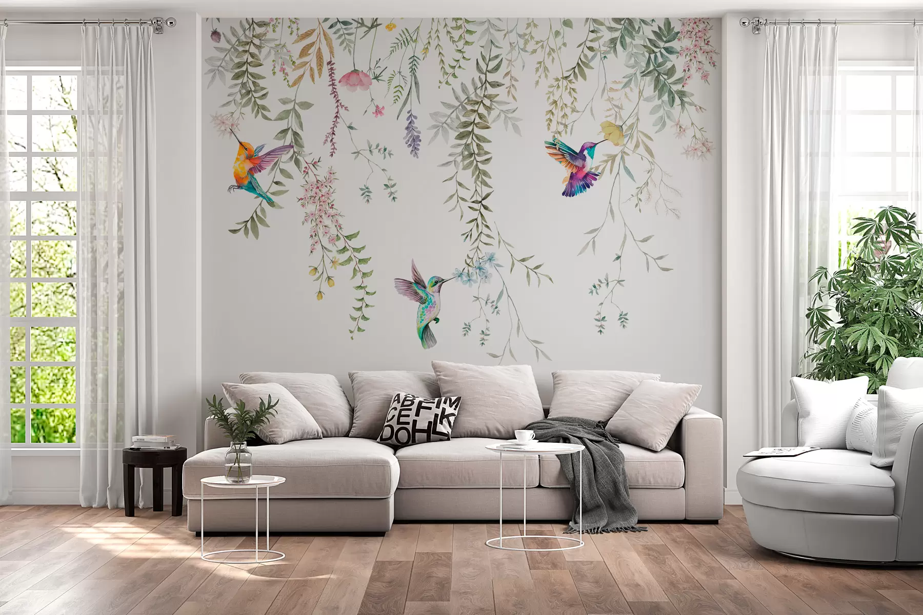 wall murals Hanging flowers and leaves and beautiful hummingbirds w00660