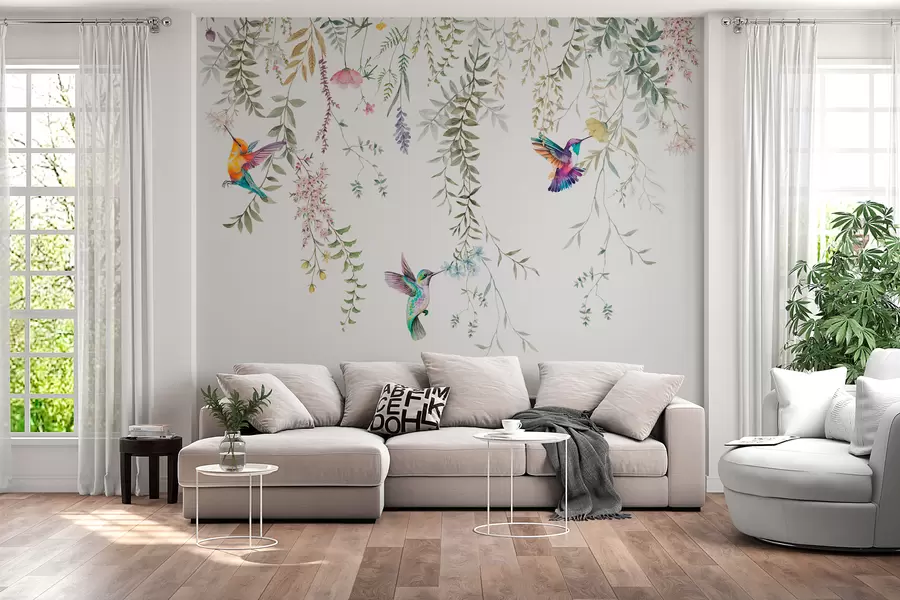 wall murals Hanging flowers and leaves and beautiful hummingbirds w00660