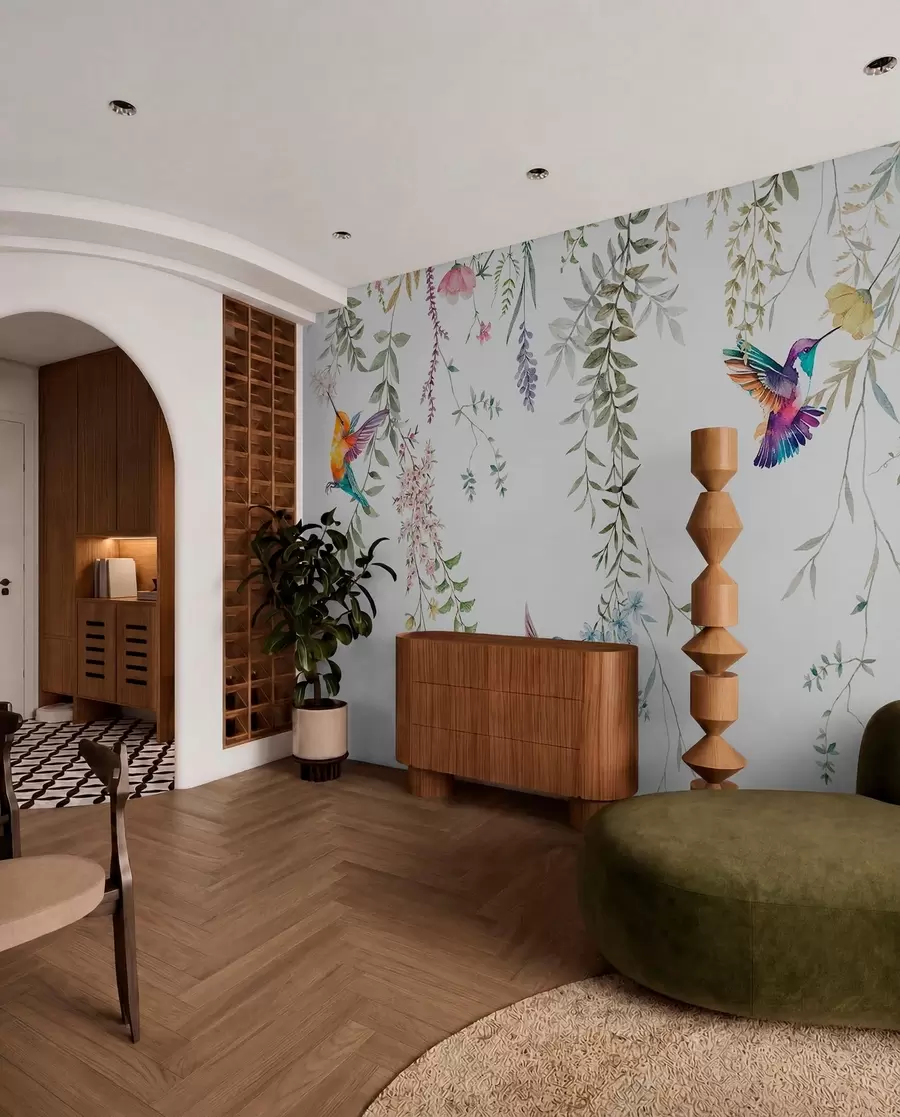 wall murals Hanging flowers and leaves and beautiful hummingbirds w00660