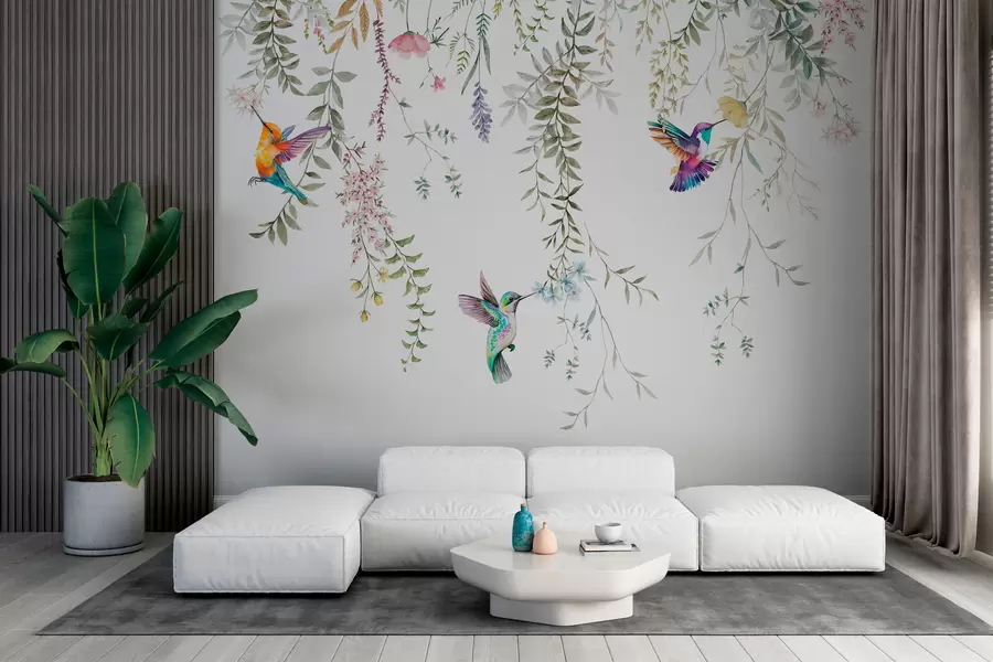wall murals Hanging flowers and leaves and beautiful hummingbirds w00660