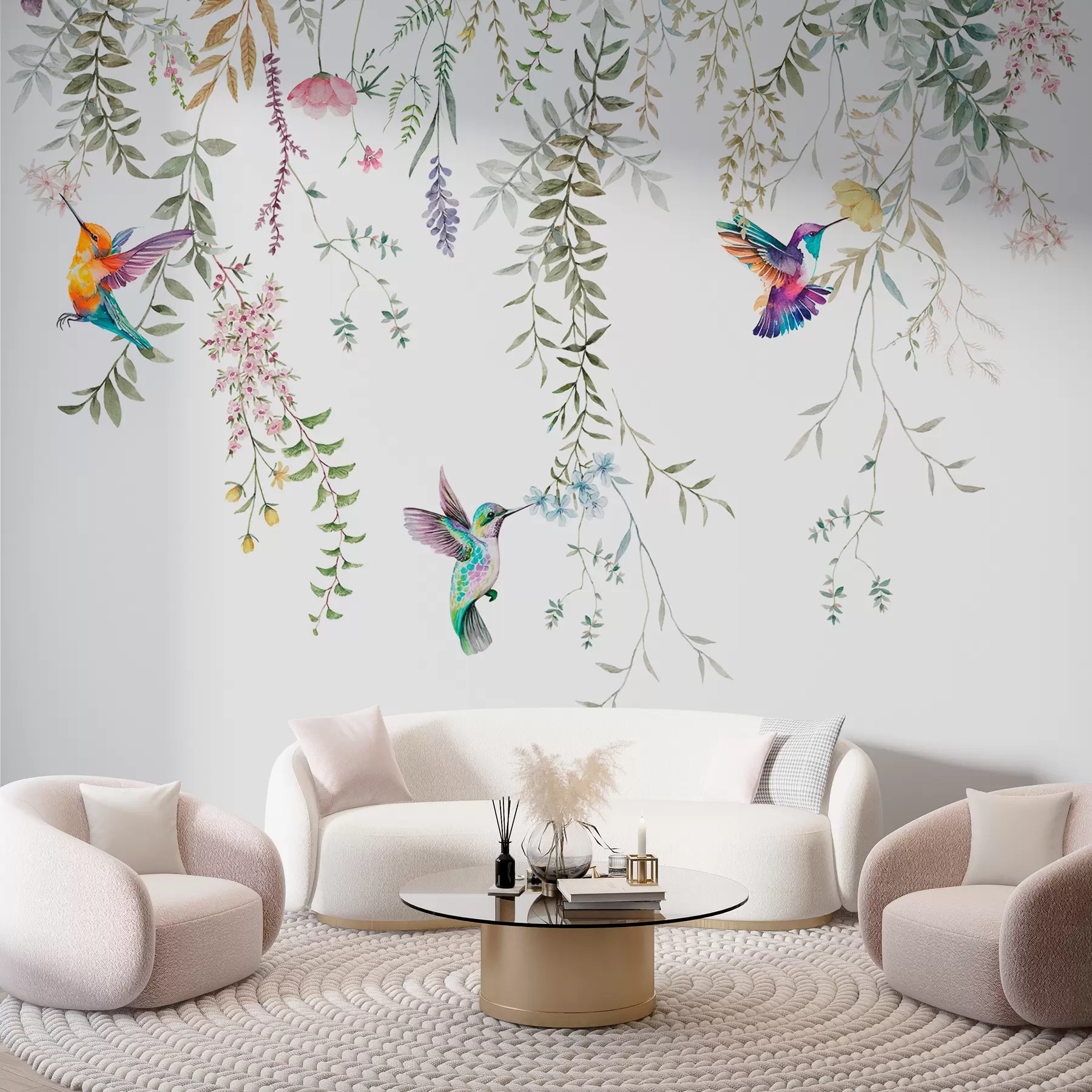 wall murals Hanging flowers and leaves and beautiful hummingbirds w00660