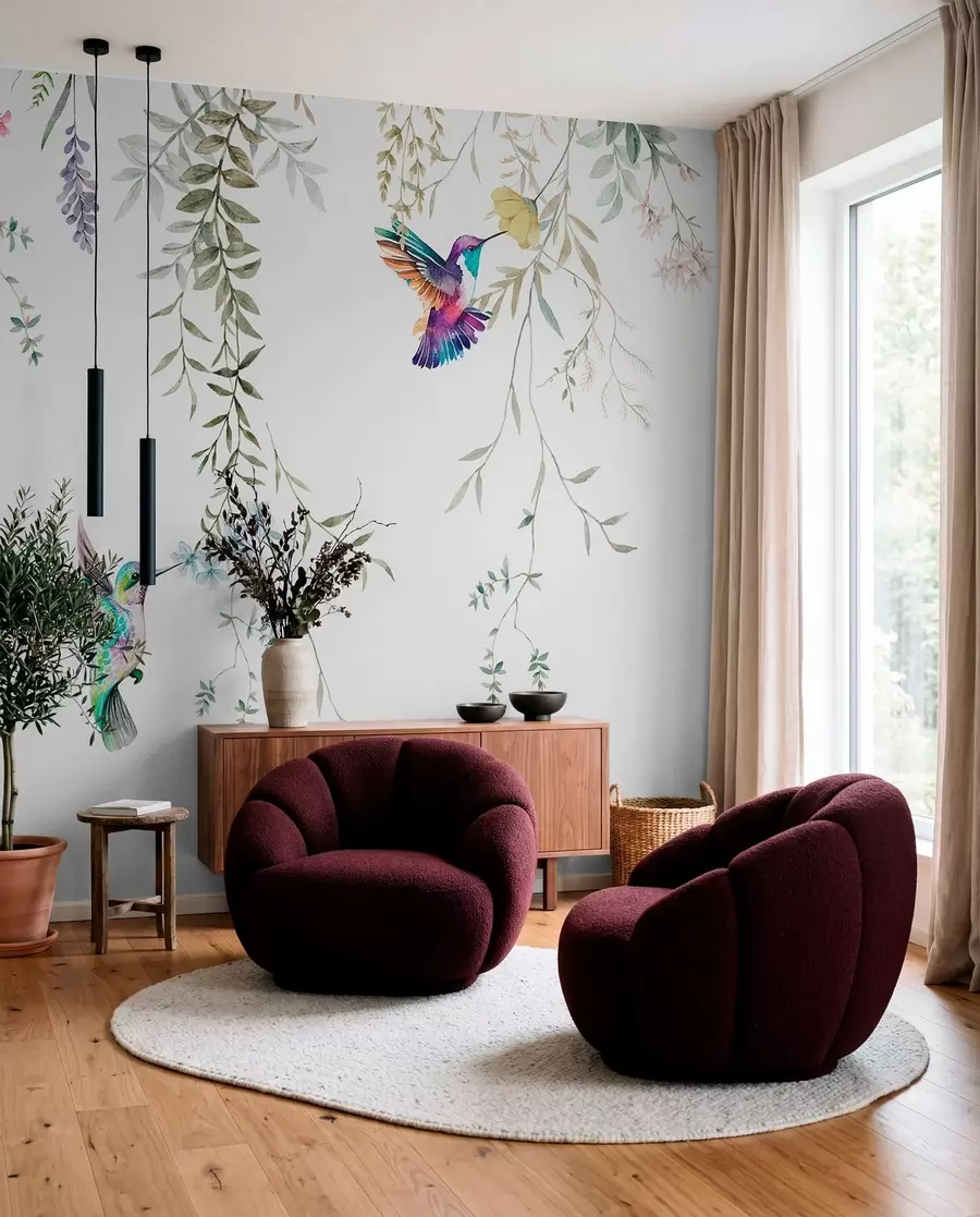 wall murals Hanging flowers and leaves and beautiful hummingbirds w00660