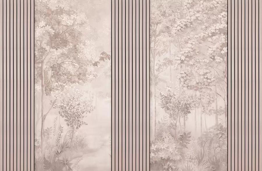 wall murals Wood panels and delicate forest in pink tones w00670v1
