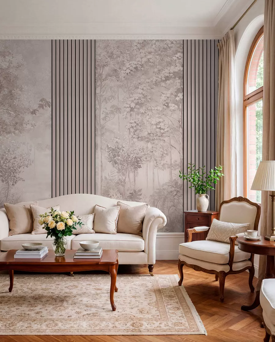 wall murals Wood panels and delicate forest in pink tones w00670v1