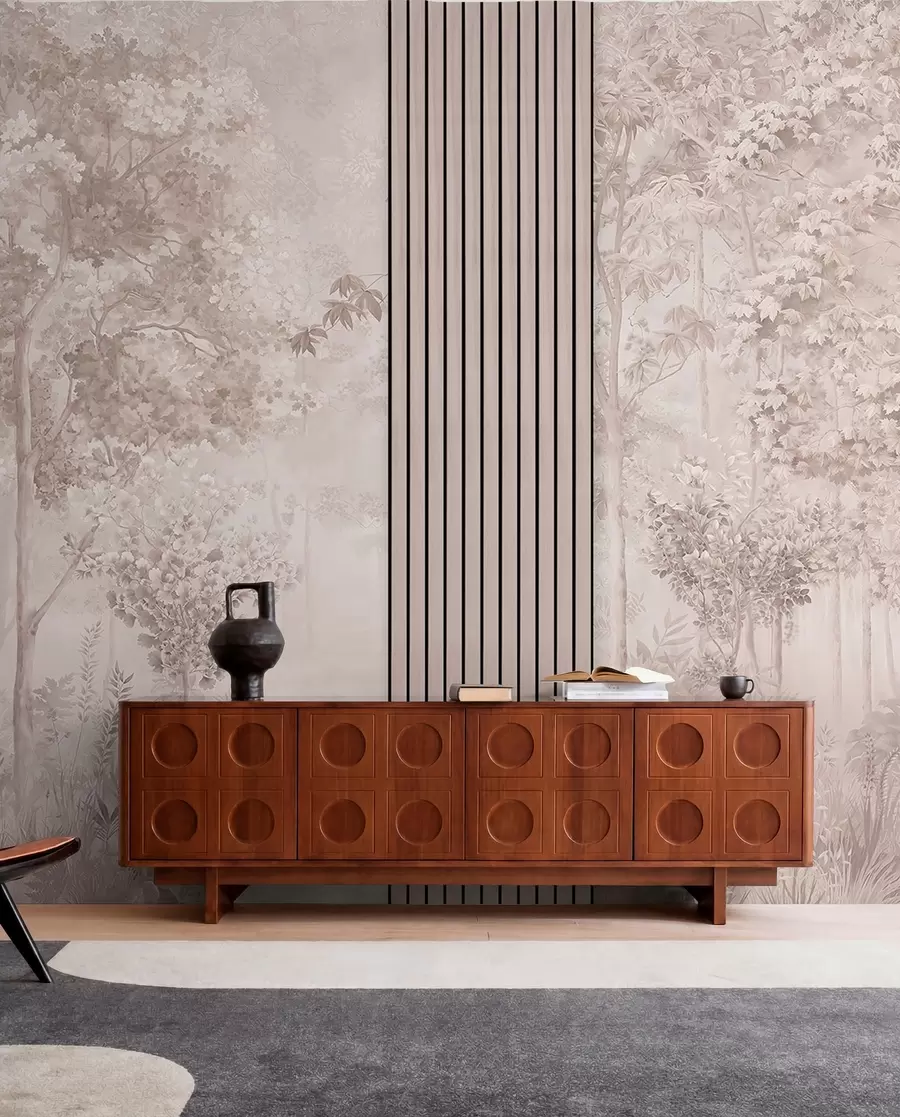 wall murals Wood panels and delicate forest in pink tones w00670v1