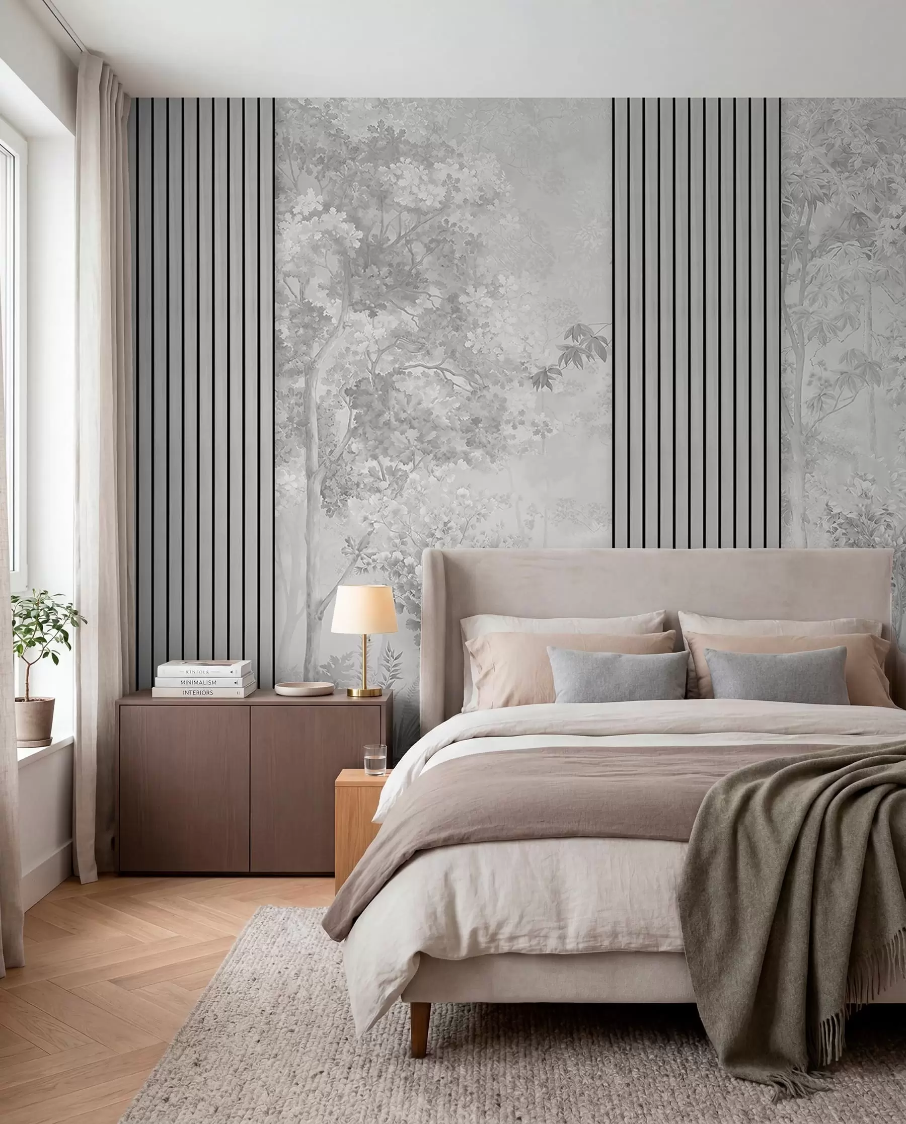 wall murals Wood panels and delicate forest in grey tones w00670v3