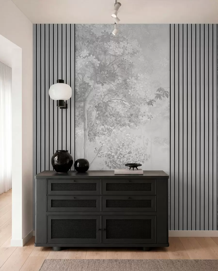wall murals Wood panels and delicate forest in grey tones w00670v3
