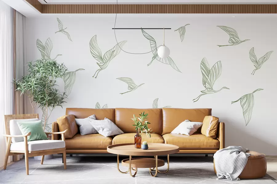 wall murals Flying birds line art, minimalism, nature, green colors w00758v2