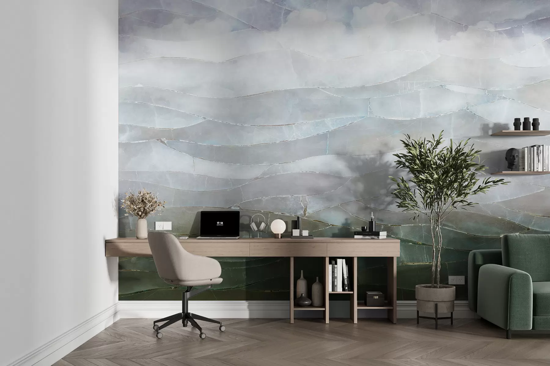 wall murals Textured misty, hilly abstract gradient landscape with rolling green fields through the fog w00795